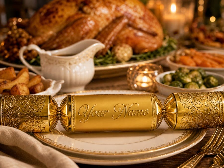 Golden personalised Christmas cracker with Your Name on the wrap, on a festive dinner table